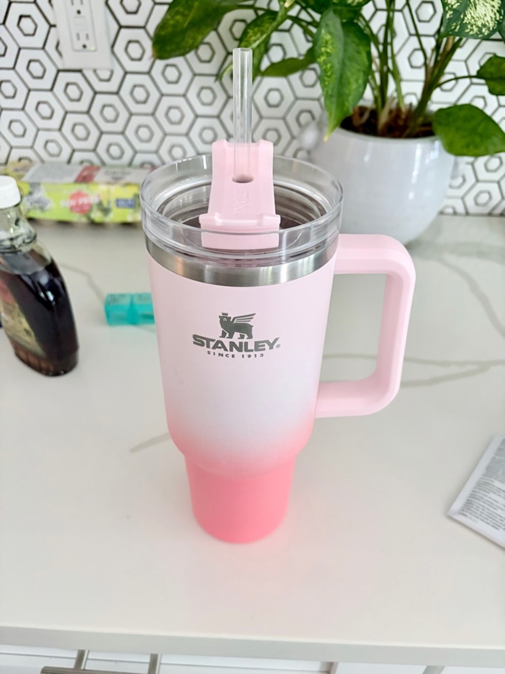 Stanley Pink Ombre Insulated Travel Tumbler with Handle and Straw